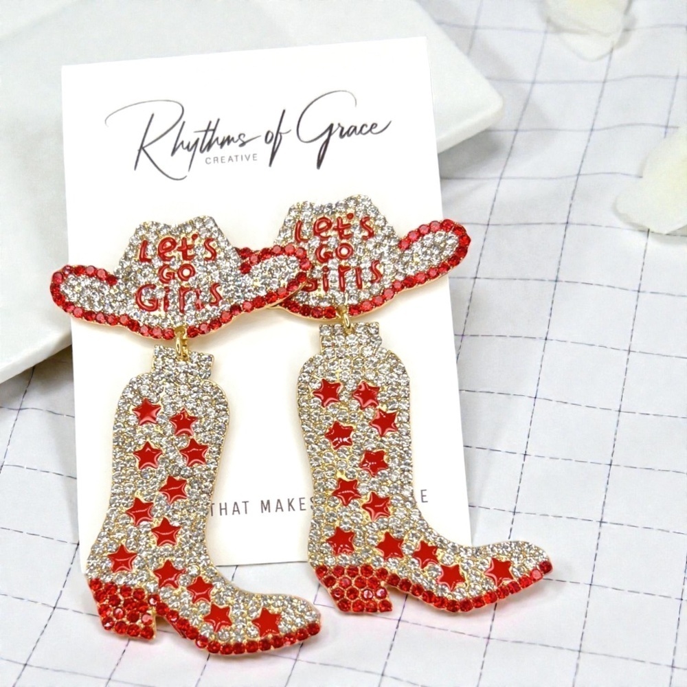 Rhinestone Cowgirl Boot Earrings, Western Rodeo Statement Jewelry, Bachelorette